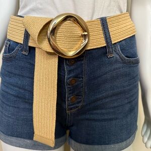 Beige paper stretchy waistband belt with gold tone circle buckle